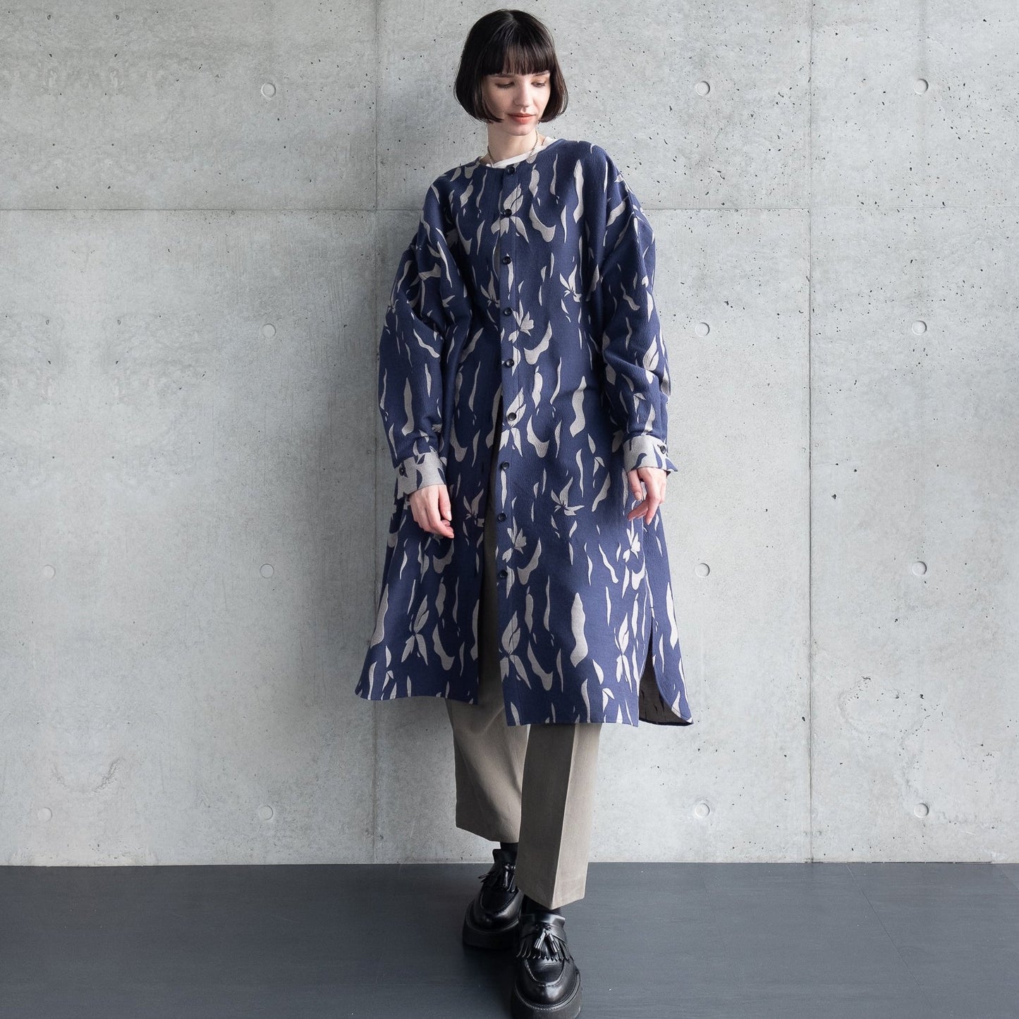 播州織 Wool/Cotton Jacquard Coat Dress / Navy&Greige