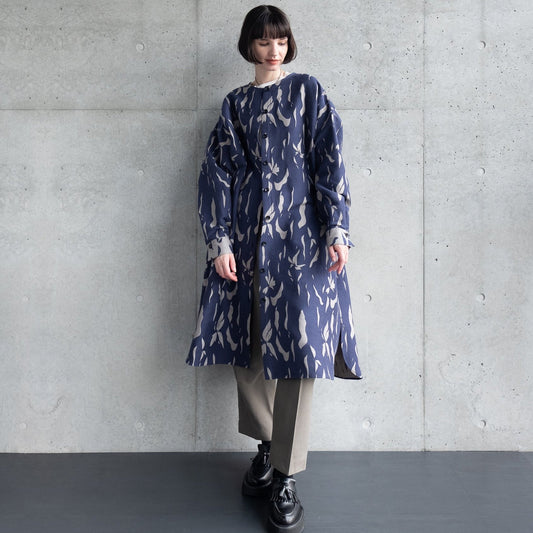 播州織 Wool/Cotton Jacquard Coat Dress / Navy&Greige