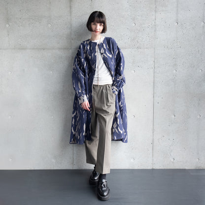 播州織 Wool/Cotton Jacquard Coat Dress / Navy&Greige