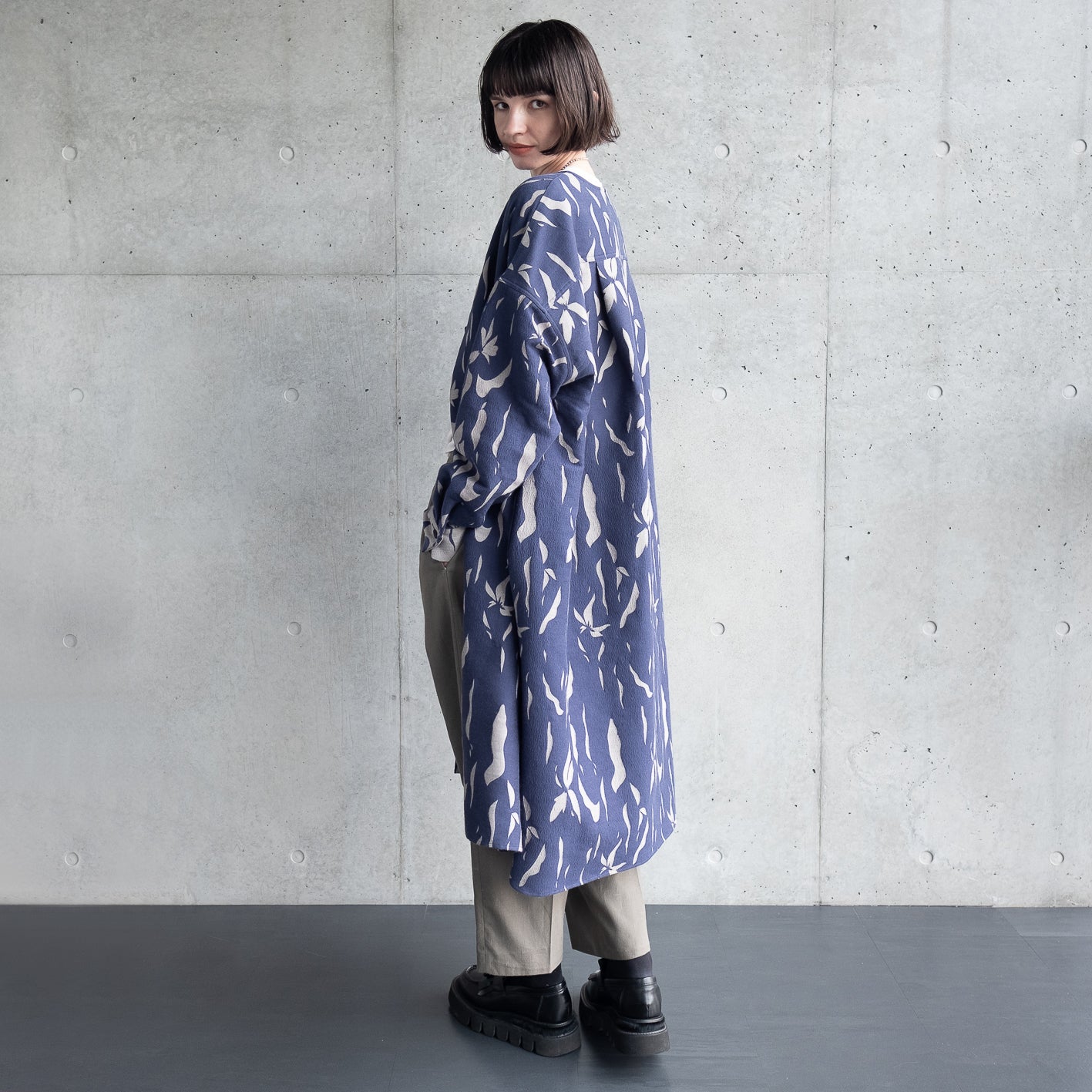 播州織 Wool/Cotton Jacquard Coat Dress / Navy&Greige