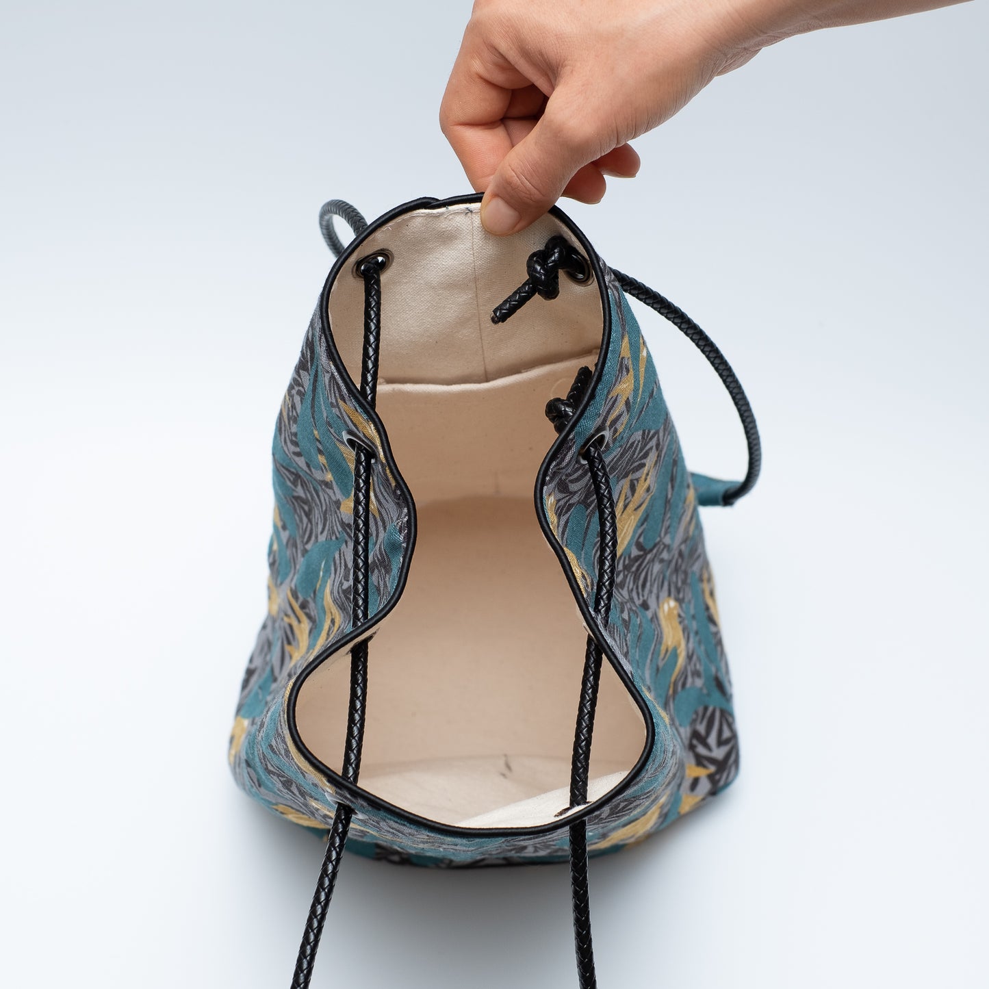 Sac seau en lin imprimé japonais 'Dalston' Aqua | YARN&amp;COPPER