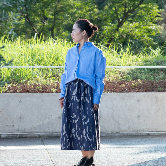 播州織  Wool/Cotton Jacquard Reversible Skirt -Navy&Greige