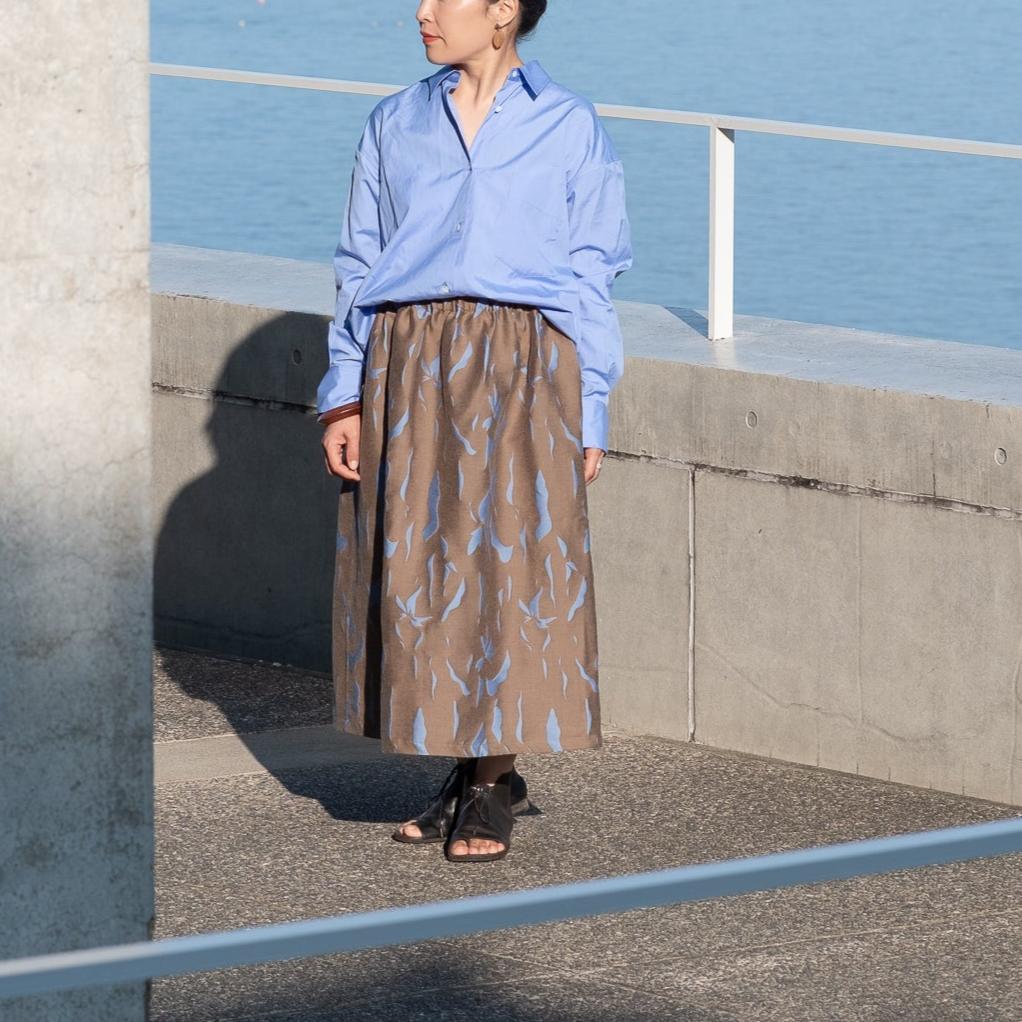 播州織  Wool/Cotton Jacquard Reversible Skirt -light brown&blue