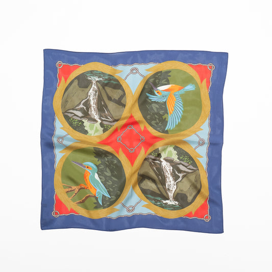 Japanese Printed Silk 'Polka Dot Queen' navy mini scarf with wave ring