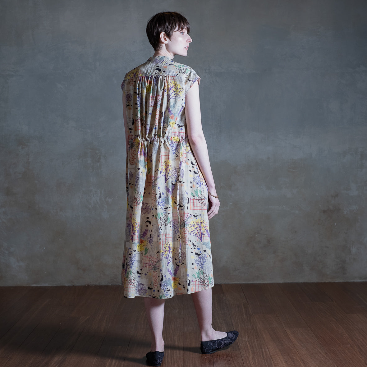 Restock! Japanese Printed Organic Cotton 'Pluto and Beyond' Gathered Shirt Dress