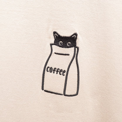 8月中旬ごろお届け予定 Organic Cotton UNISEX 刺繍 Tshirt 'Coffee Cat'