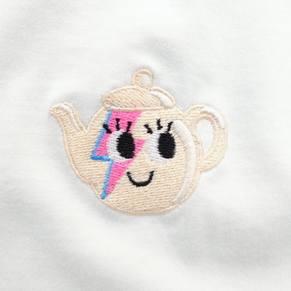 Lサイズのみ オーガニックコットンの刺繍Tシャツ 'Tea Pot Face'