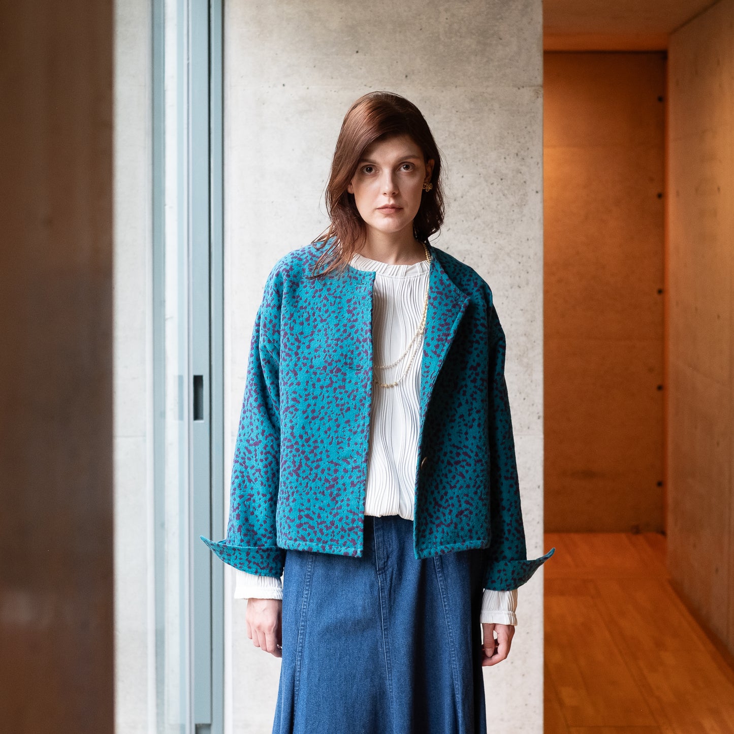 11月中旬入荷予定！播州織 Wool/Cotton ショート丈ジャケット / blue green x purple