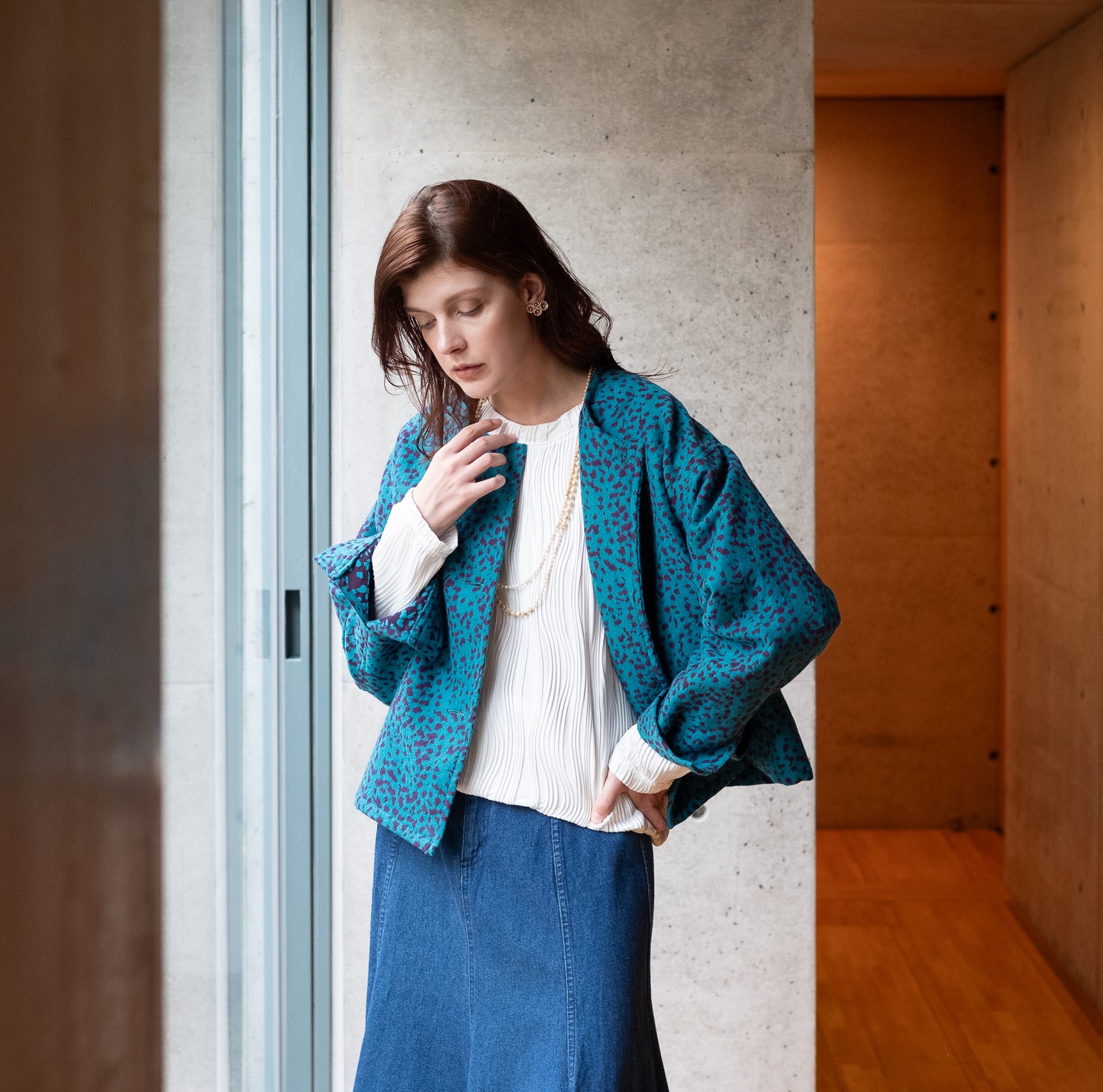 11月中旬入荷予定！播州織 Wool/Cotton ショート丈ジャケット / blue green x purple