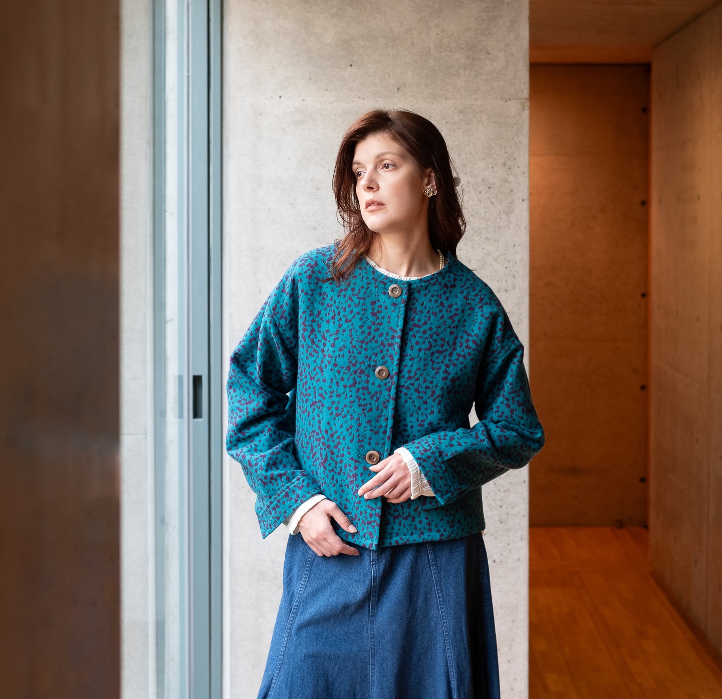 11月中旬入荷予定！播州織 Wool/Cotton ショート丈ジャケット / blue green x purple