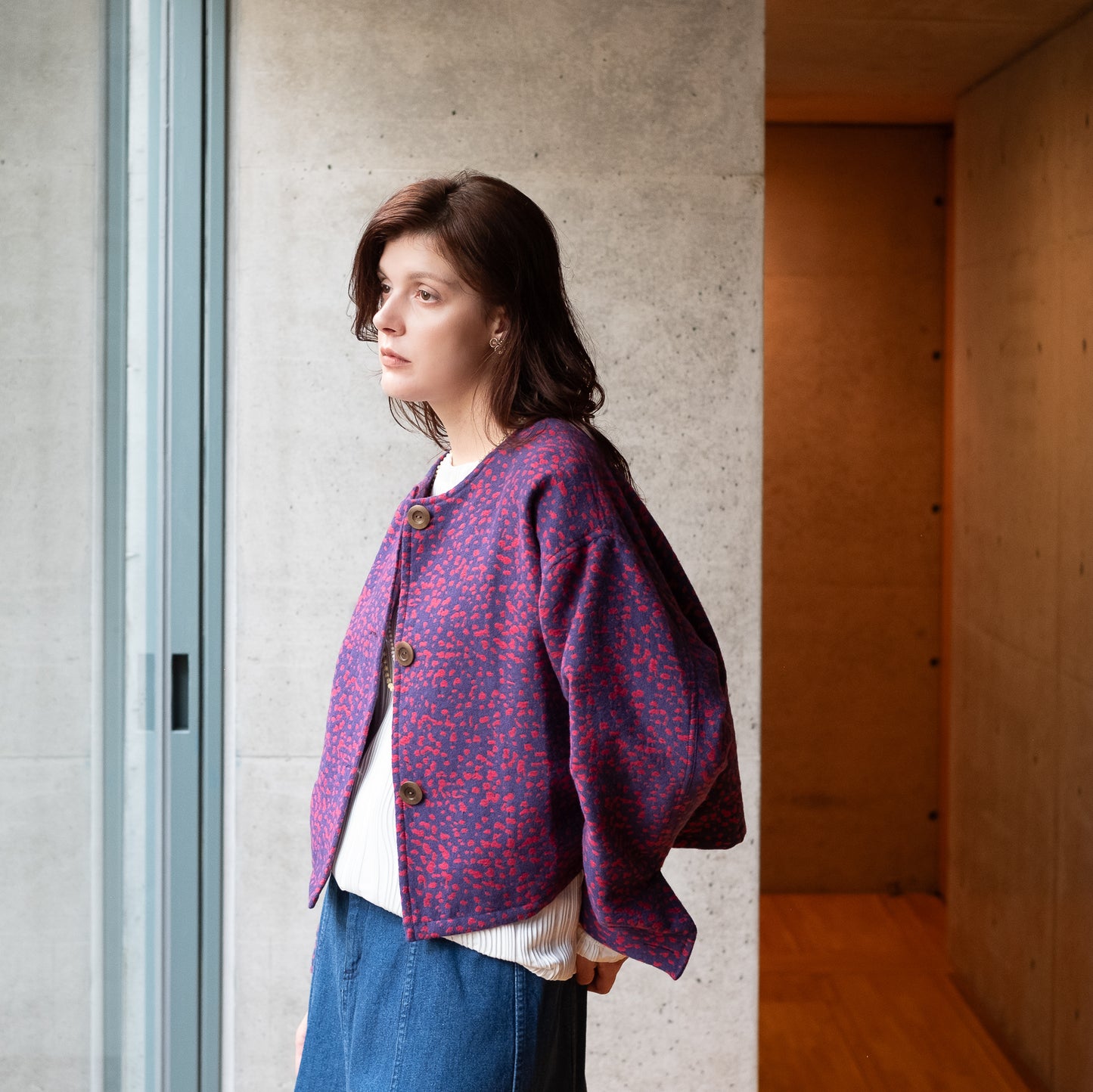 11月中旬入荷予定！播州織 Wool/Cotton ショート丈ジャケット / pink x purple