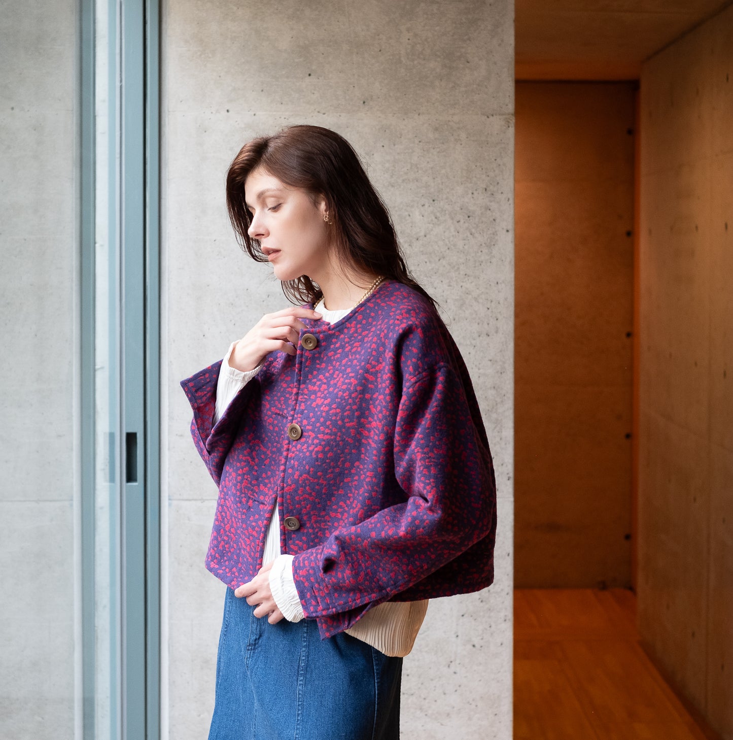 11月中旬入荷予定！播州織 Wool/Cotton ショート丈ジャケット / pink x purple