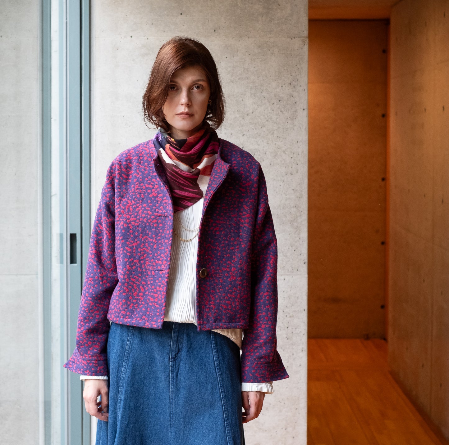 11月中旬入荷予定！播州織 Wool/Cotton ショート丈ジャケット / pink x purple