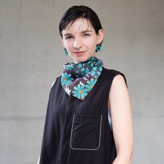 Japanese Printed Silk 'Polka Dot Queen' navy mini scarf with wave ring