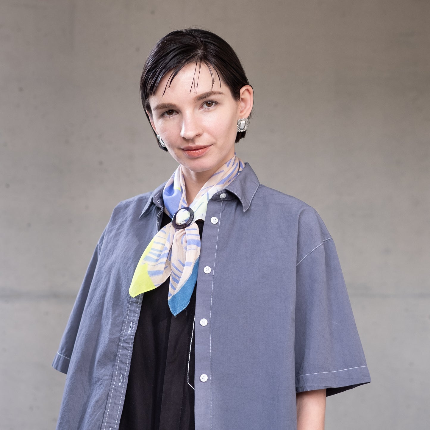 リング付き シルクコットンのミニスカーフ'Saint Vincent' sky blue