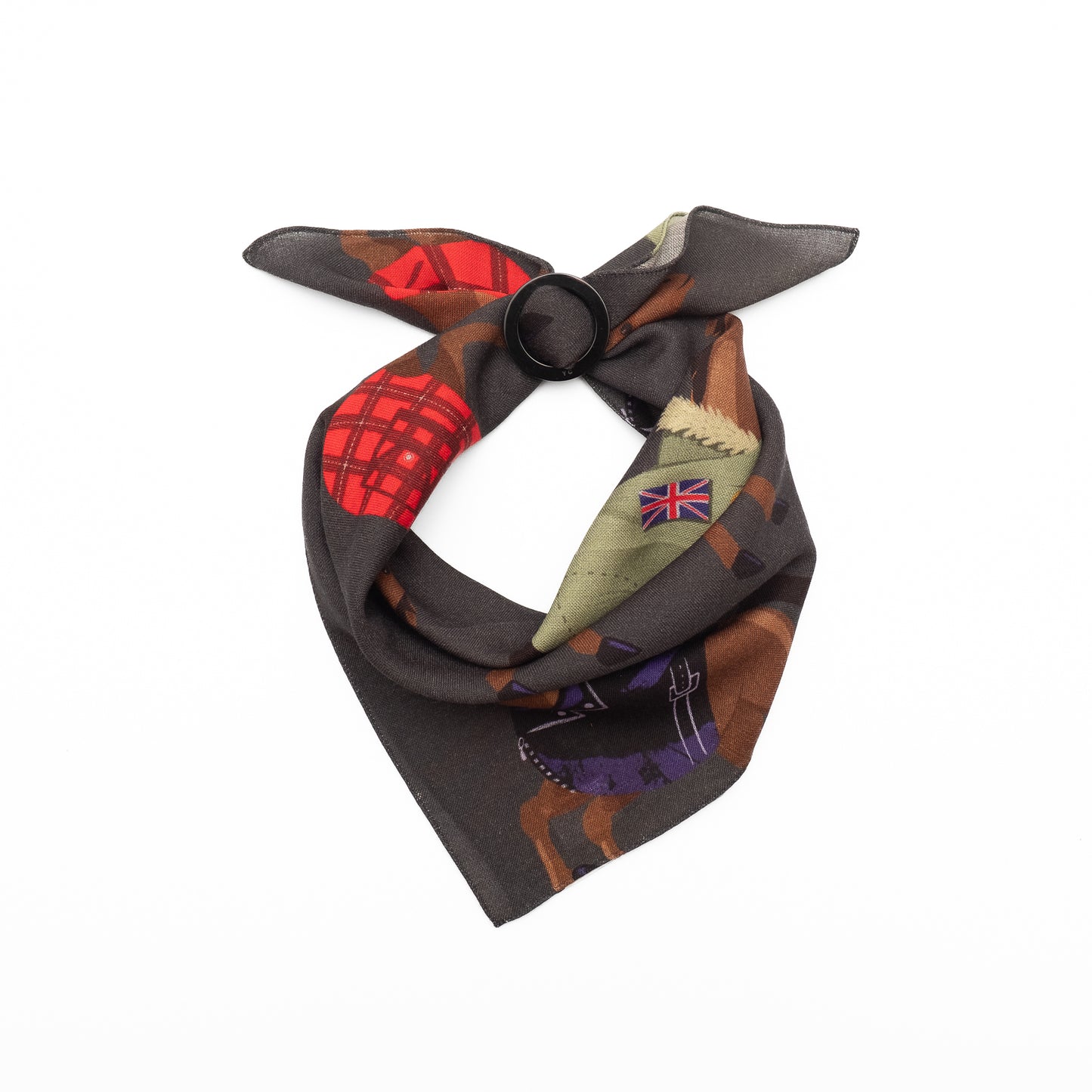 Mini-écharpe bleu marine en soie imprimée japonaise 'Polka Dot Queen' avec anneau vague