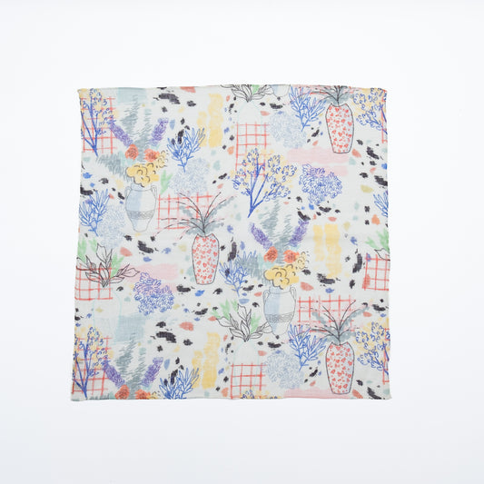 リング付き 近江のリネンミニスカーフ 'Amelia`s Patio' white