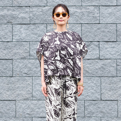 Brushed back Japanese Printed organic cotton gathered skirt 'Halsham' black