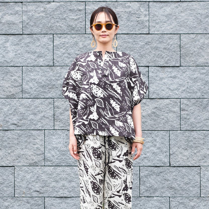 Brushed back Japanese Printed organic cotton gathered skirt 'Halsham' black