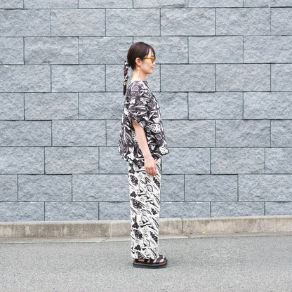 Brushed back Japanese Printed organic cotton gathered skirt 'Halsham' black