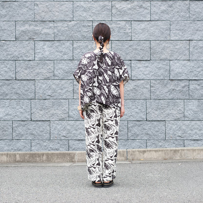 Brushed back Japanese Printed organic cotton gathered skirt 'Halsham' black