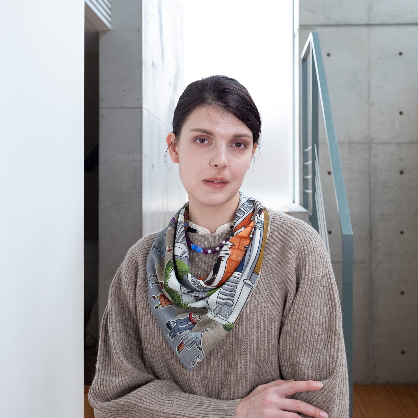 Japanese Printed Silk 'Polka Dot Queen' navy mini scarf with wave ring