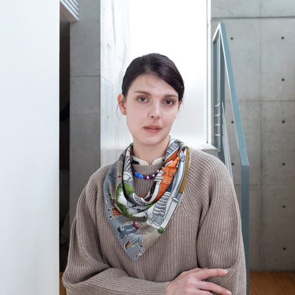 Japanese Printed Silk 'Polka Dot Queen' navy mini scarf with wave ring