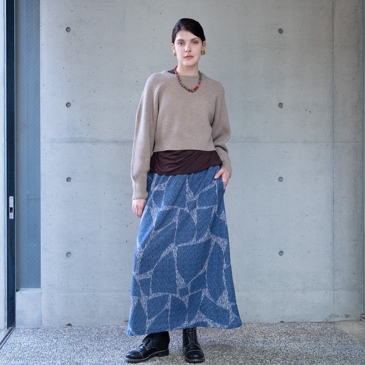 裏起毛 オーガニックコットンロングスカート 'Oxford Mosaic' blue