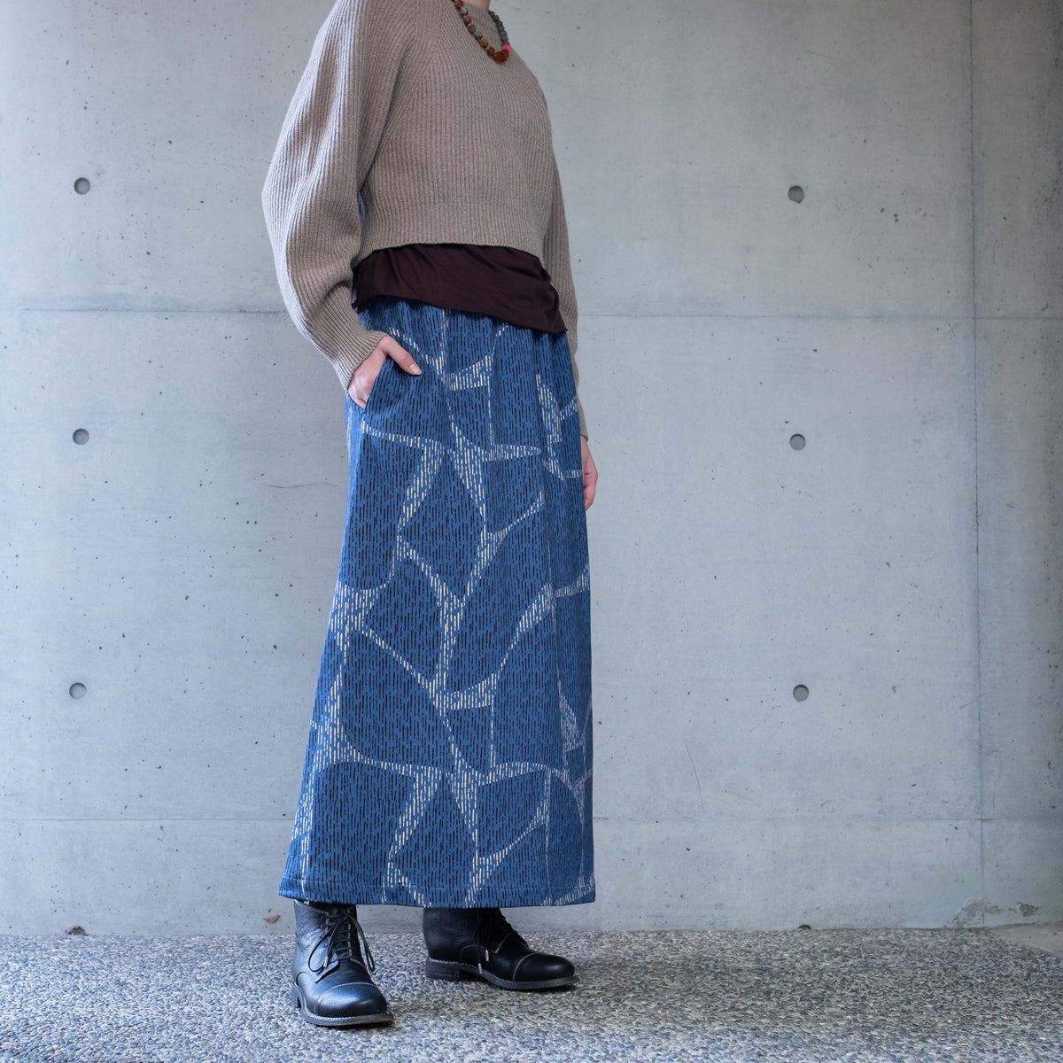 裏起毛 オーガニックコットンロングスカート 'Oxford Mosaic' blue