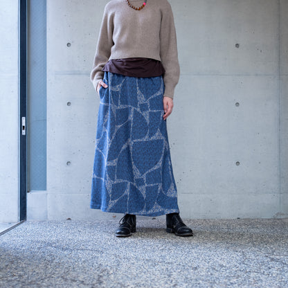裏起毛 オーガニックコットンロングスカート 'Oxford Mosaic' blue