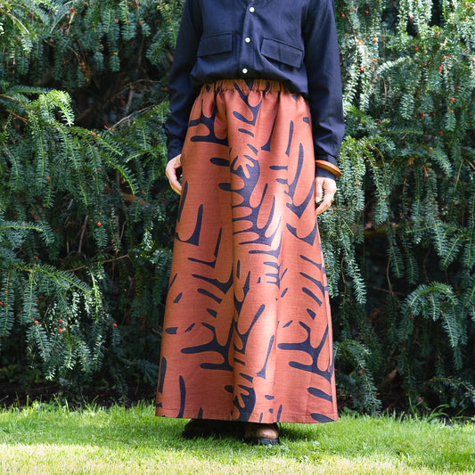 播州織  Wool/Cotton Jacquard Long Skirt - brown/dark grey