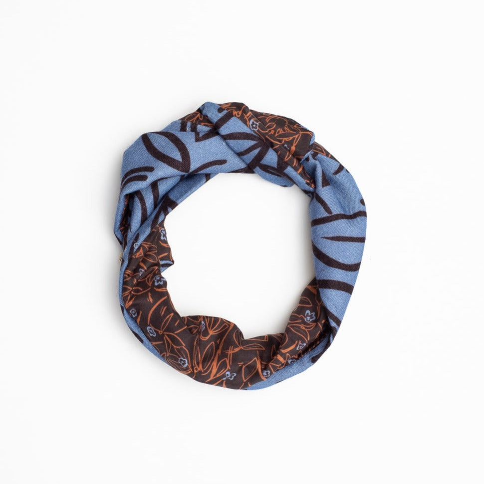 Silk/Wool 'Flowers' blue/brown リバーシブルヘッドスカーフ