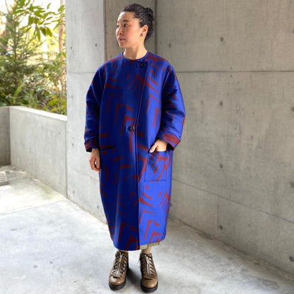 播州織 Japanese Wool/Cotton ジャガードコクーンコート blue/red brown