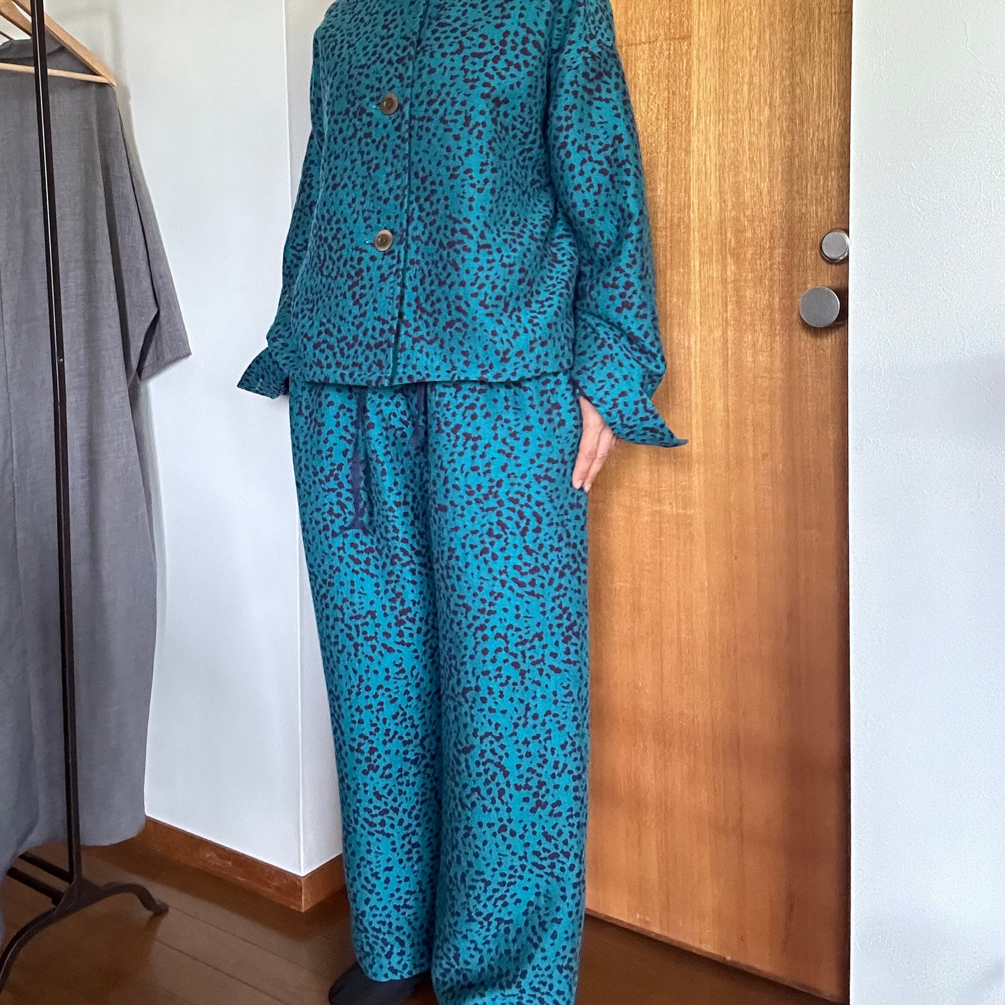 11月中旬入荷予定！播州織 Wool/Cotton イージーパンツ / blue green x purple