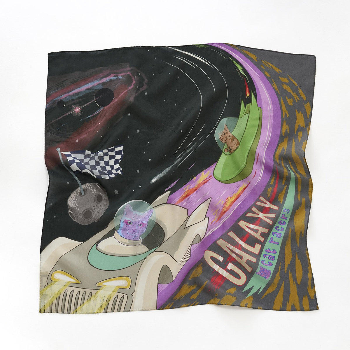 リング付き シルクのミニスカーフ 'Galaxy Cat Racers' black
