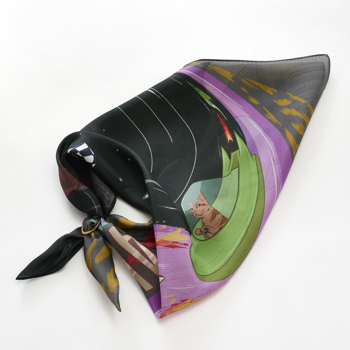 リング付き シルクのミニスカーフ 'Galaxy Cat Racers' black