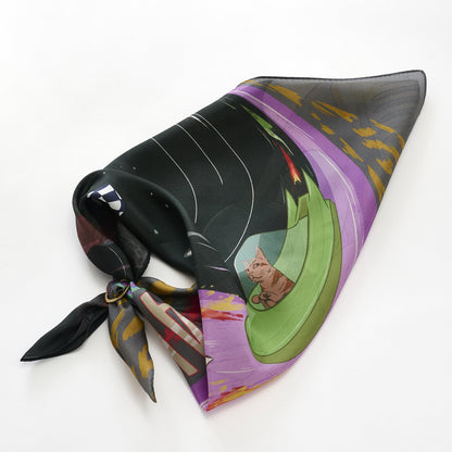 リング付き シルクのミニスカーフ 'Galaxy Cat Racers' black