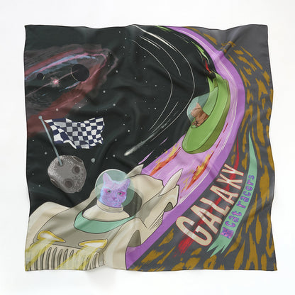 シルクの大判スカーフ 'Galaxy Cat Racers' black