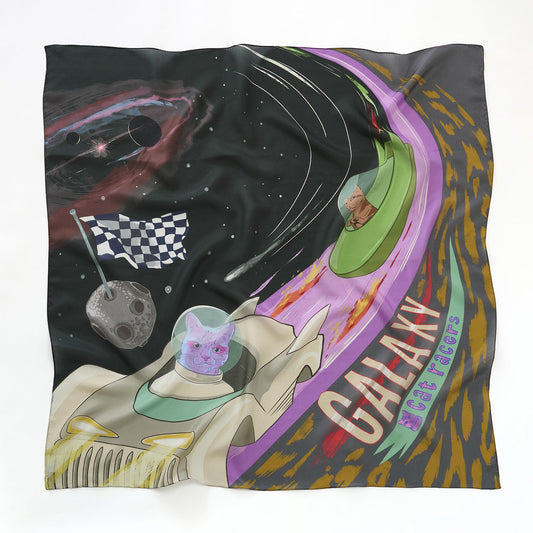 シルクの大判スカーフ 'Galaxy Cat Racers' black