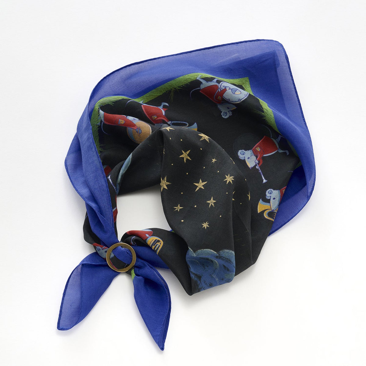 リング付き シルクコットンのミニスカーフ 'Shooting Stars' navy