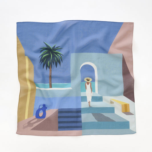リング付き シルクコットンのミニスカーフ 'Apollo's Garden' blue