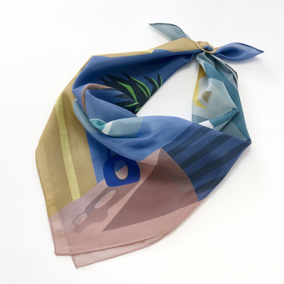 リング付き シルクコットンのミニスカーフ 'Apollo's Garden' blue