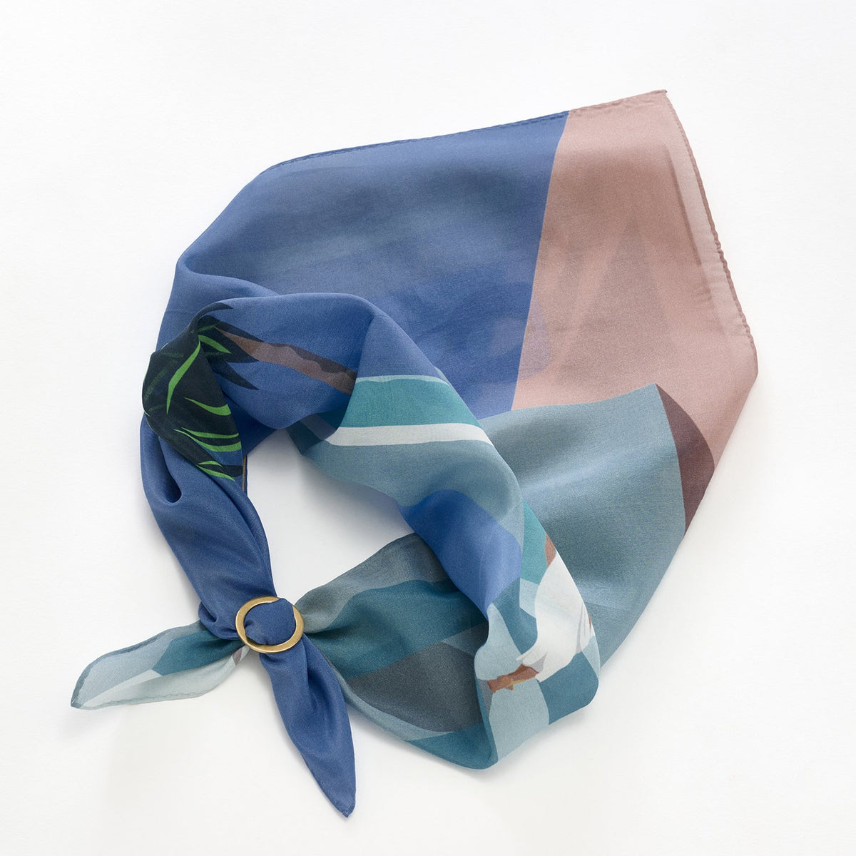 リング付き シルクコットンのミニスカーフ 'Apollo's Garden' blue