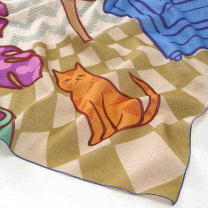 リング付き オーガニックコットンミニスカーフ 'House Cat' yellow