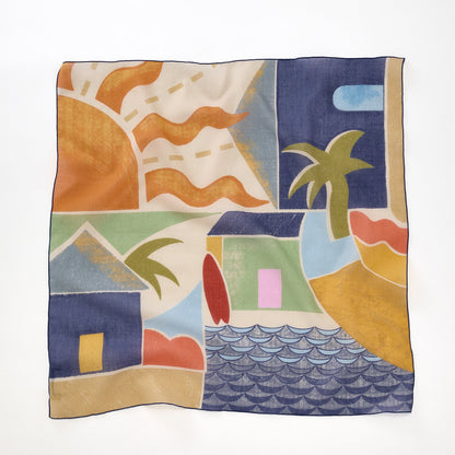 リング付き オーガニックコットンミニスカーフ 'Surf Shacks' beige