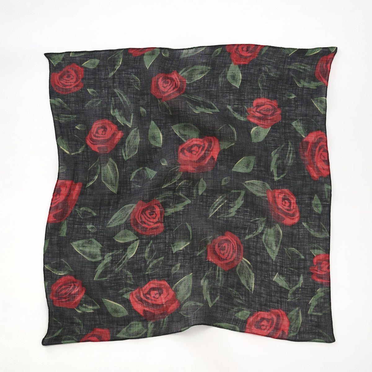 リング付き 近江のリネンミニスカーフ 'English Rose' black