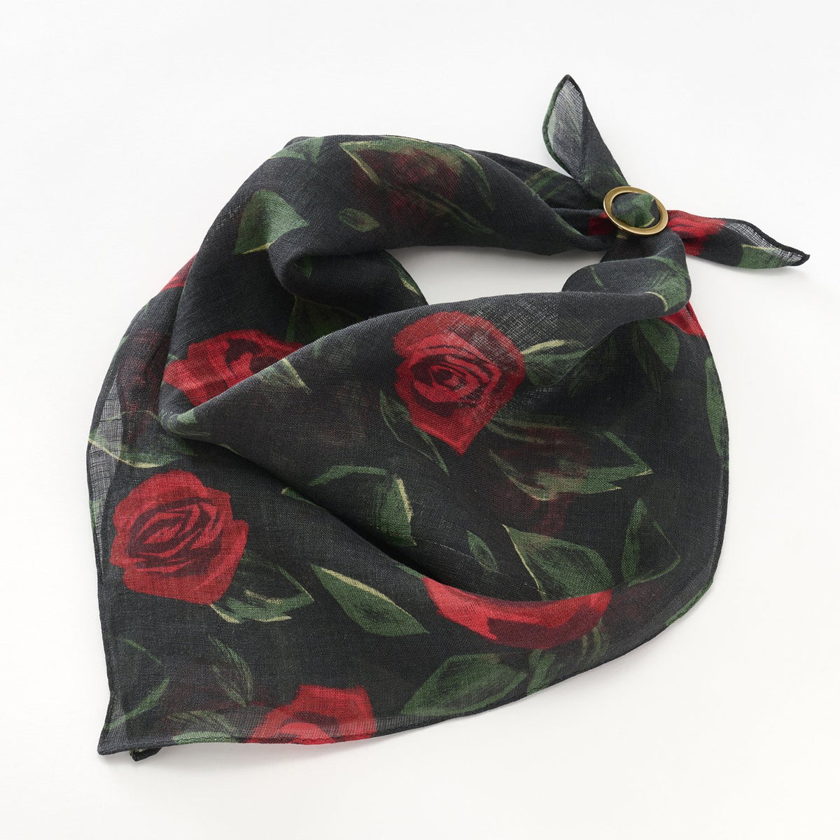 リング付き 近江のリネンミニスカーフ 'English Rose' black