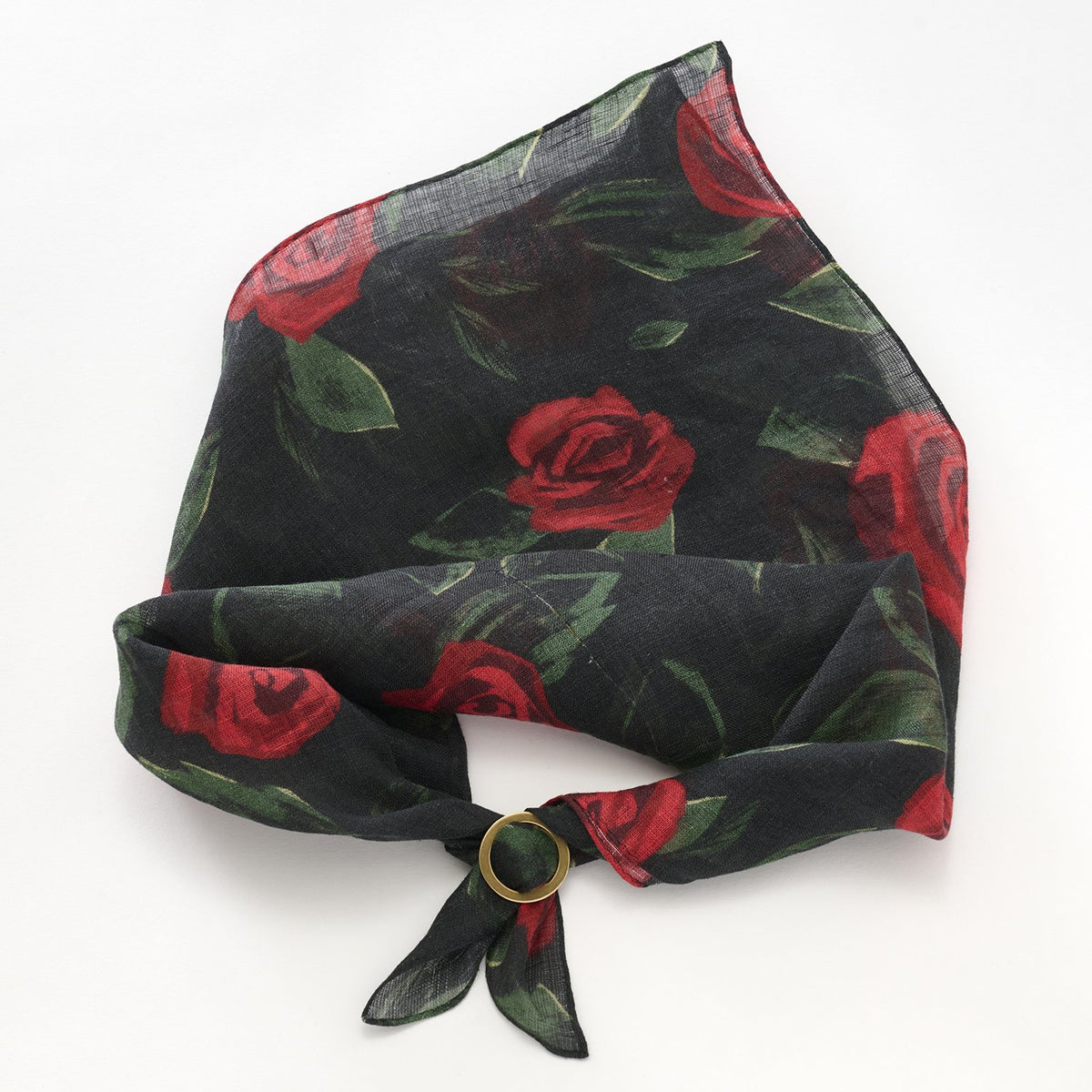 リング付き 近江のリネンミニスカーフ 'English Rose' black