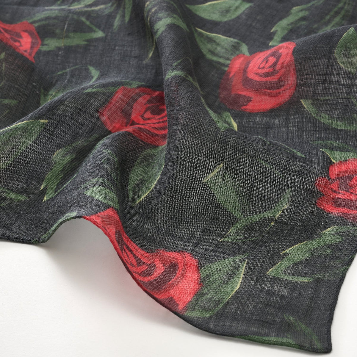 リング付き 近江のリネンミニスカーフ 'English Rose' black