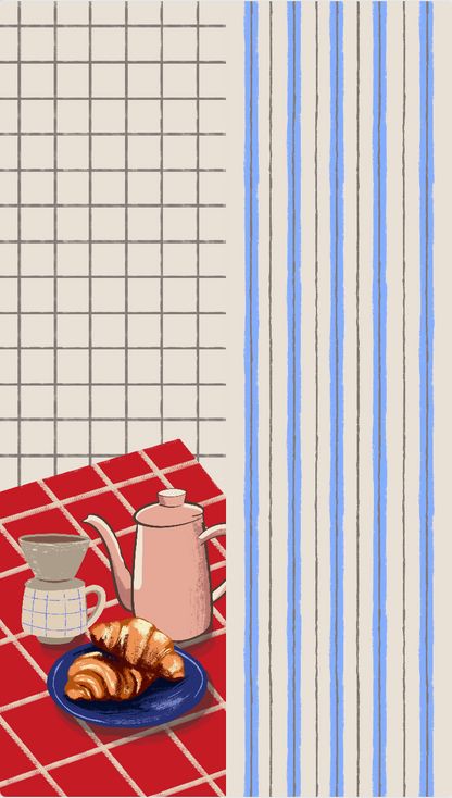 両面シルクのループスカーフ 'Coffee & Croissants' cream red